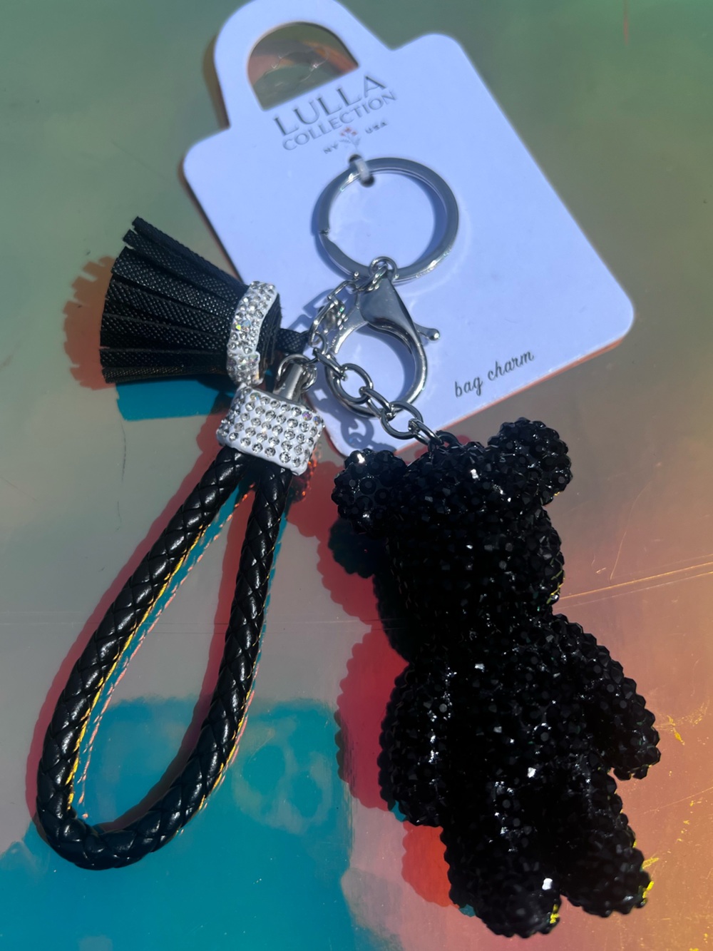 NWT Black Rhinestones Teddy Bear Tassle Rope bedazzled Keychain/Purse Charm
